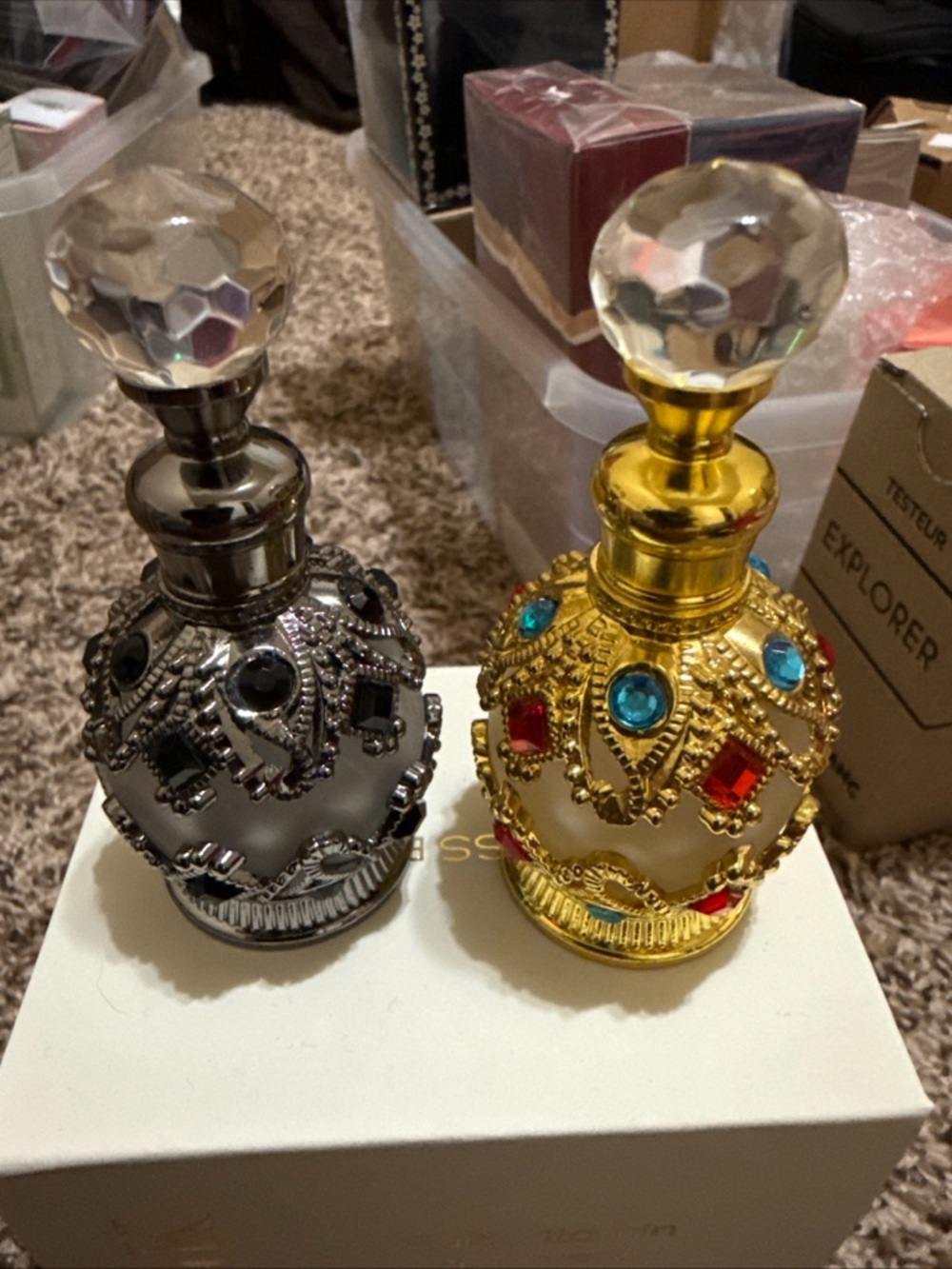 Ornate Jeweled Glass Perfume Bottle - Gold and Silver